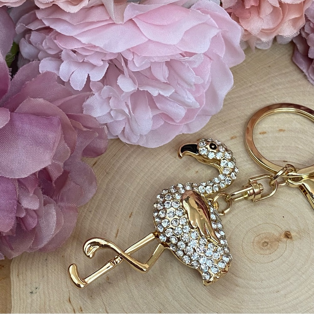 Whimsical Gold & Silver Crystal Flamingo Keychain Charm - Picture 7 of 14